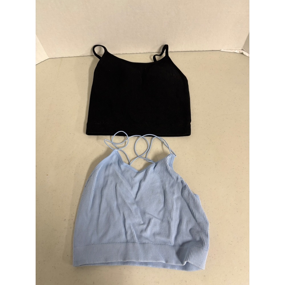 Zenana Ribbed Seamless‎ Cami Crop Top Set Black & Light Blue L/XL